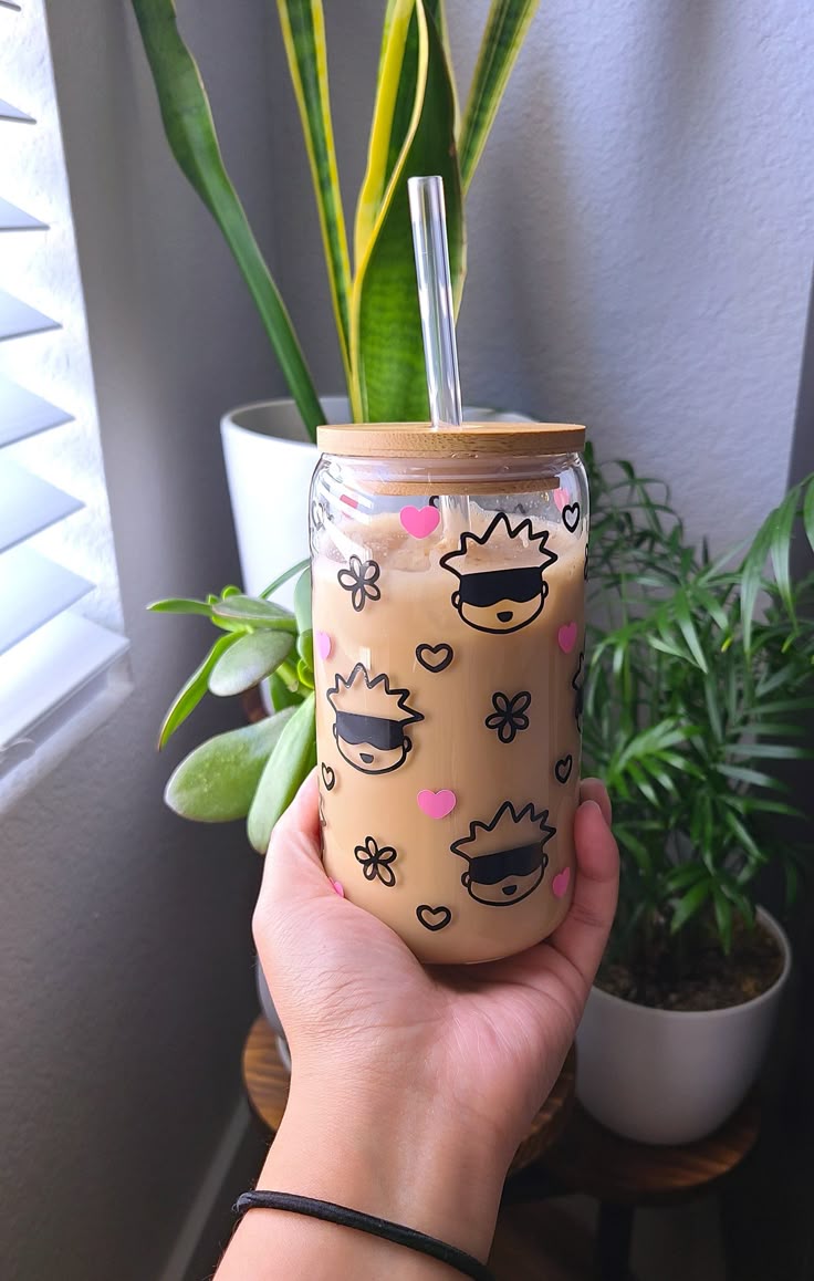Mug with Wooden Lid and Clear Glass Straw: Practical for Juices and Ice Coffee Anime Café