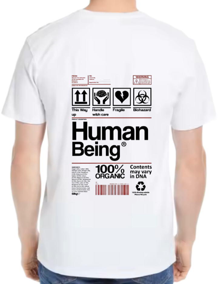 Threadcurry Human Being Facts Back text One Size t- shirt White Back 97