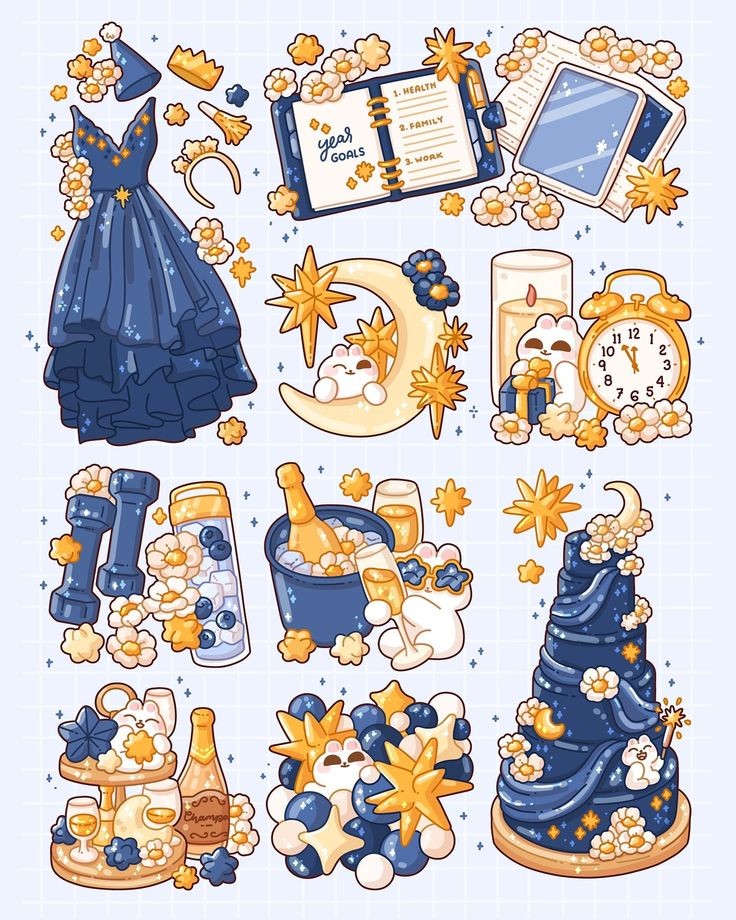 Aesthetic Blue and Gold Stickers Pack - Cute Bunny, Night Sky, Party, and Journal Vinyl Decals for Water Bottles, Laptops, Scrapbook, Bullet Journal, Teens, and Kids (Pack of