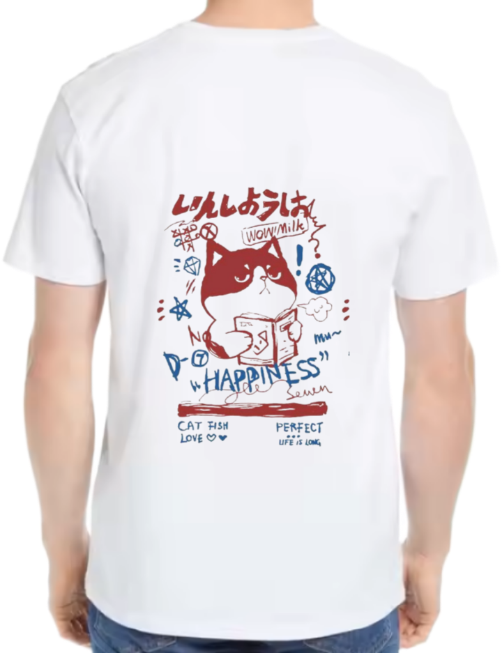 Cat Fish Back text One Size t- shirt White Back 99