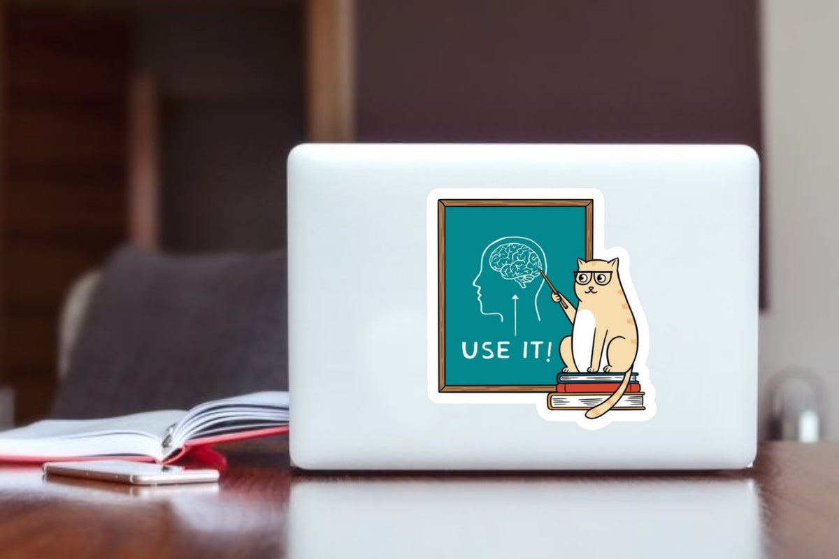 Use It" Smart Cat Teacher Laptop Sticker, Funny Professor Cat & Brain Vinyl Decal for Laptop, Water Bottle, and Kindle