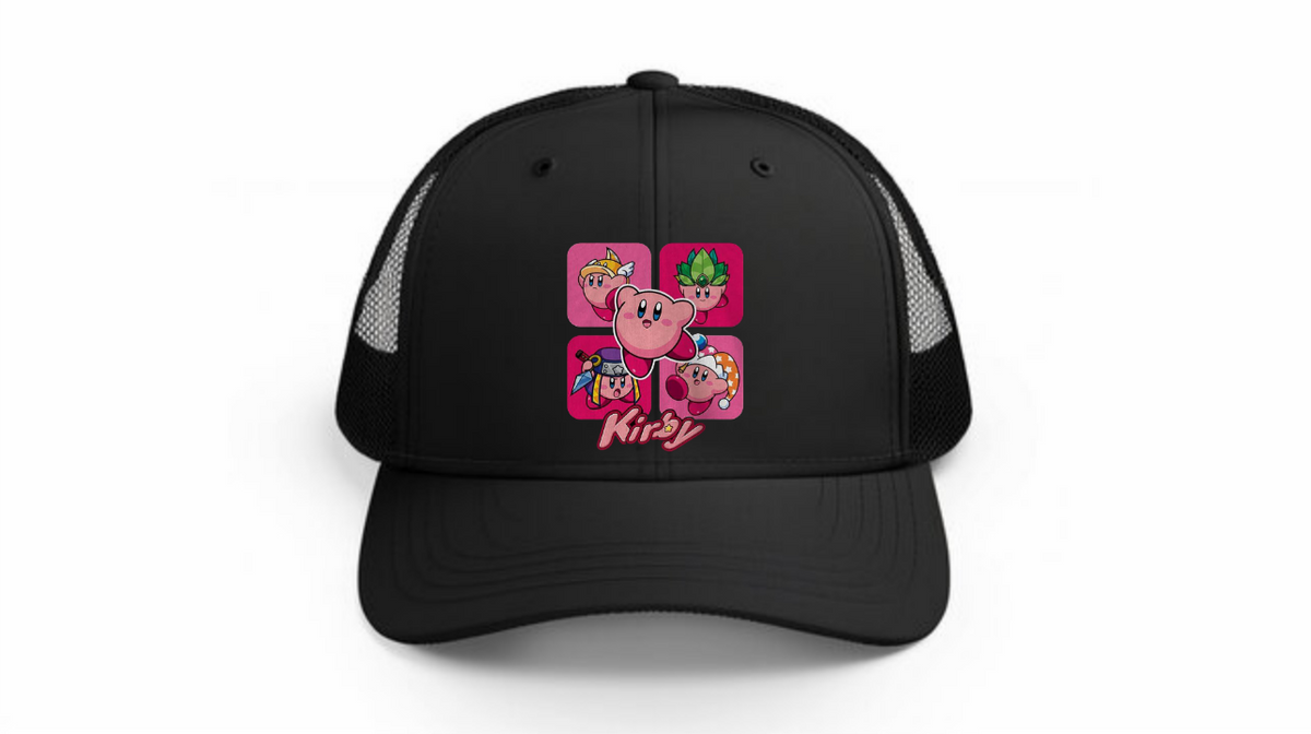 Kawaii Kirby Crown Pink Character Mesh Trucker Hat, Cute Anime Princess/King Black Baseball Cap, Adjustable Snapback for Women and Teens 10