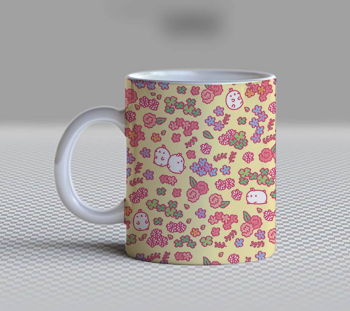 Cute Kawaii Animals Floral Ceramic Coffee Mug – 11oz Aesthetic Pastel Yellow Tea Cup, Whimsical Spring Flowers & Tiny Cartoon Characters Pattern Mug for Coffee Lovers, Lovely Birthday Gift for Women, Girls & Teens