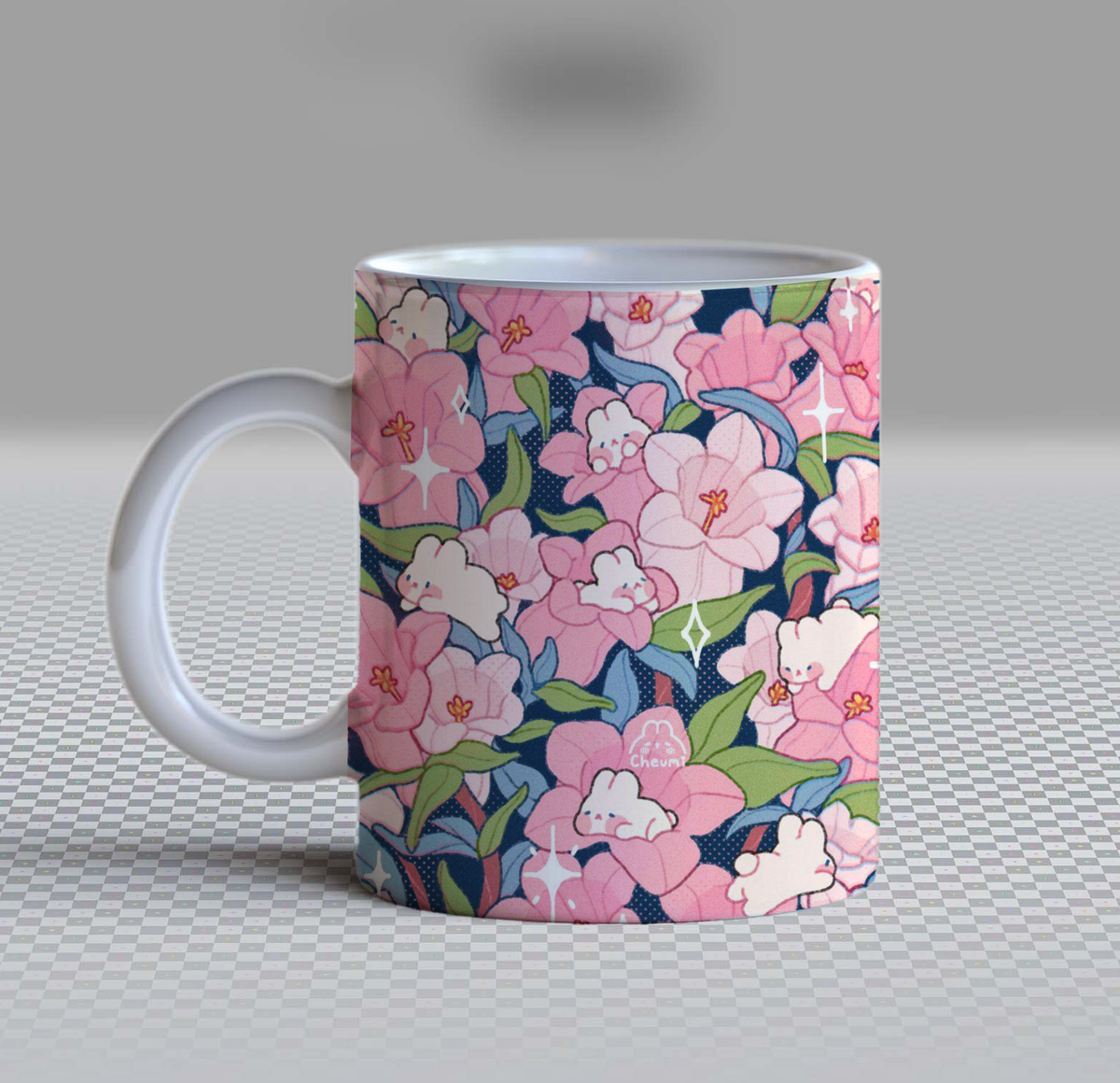 Cute Pink Lilies Bunny Ceramic Coffee Mug – 11oz Aesthetic Floral Tea Cup, Kawaii Starry Night Rabbit & Bear Blossoms Pattern Mug for Coffee Lovers, Lovely Birthday Gift for Women, Girls & Teens