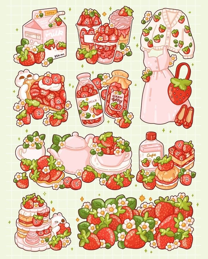 Pink Strawberry Aesthetic Stickers Pack - Cute Kawaii Fruit, Cake, Milk, and Dress Vinyl Decals for Water Bottles, Laptops, Journals, and Scrapbook