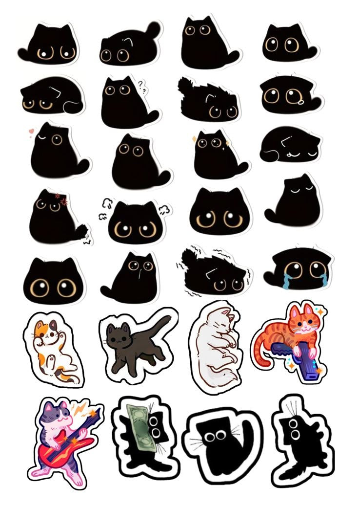 Cute Black Cat Stickers Pack - Funny Kawaii Void Cat and Cartoon Kitten Vinyl Decals for Water Bottles, Laptops, Journals, Scrapbook, and Phone