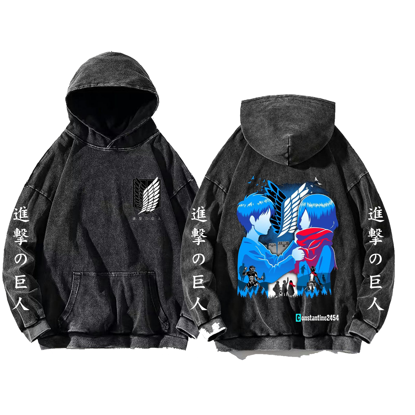 Anime Attack on titan shingeki no kyojin eren levi mikasa Aot Oversize Wash Hoodie gray 12