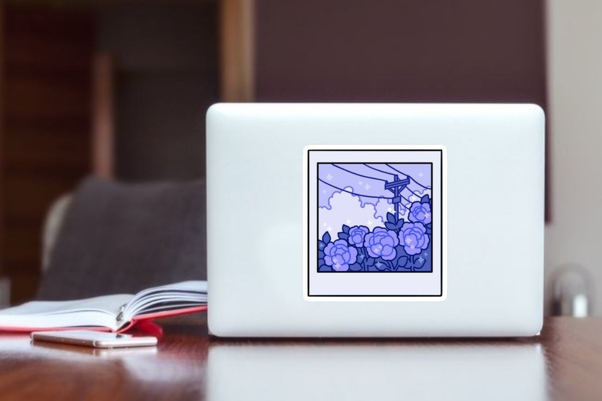 Purple Flowers Polaroid Aesthetic Sticker, Cute Blue and Violet Floral Art Decal for Laptop, Water Bottles, Journaling, Scrapbooking, and Planners