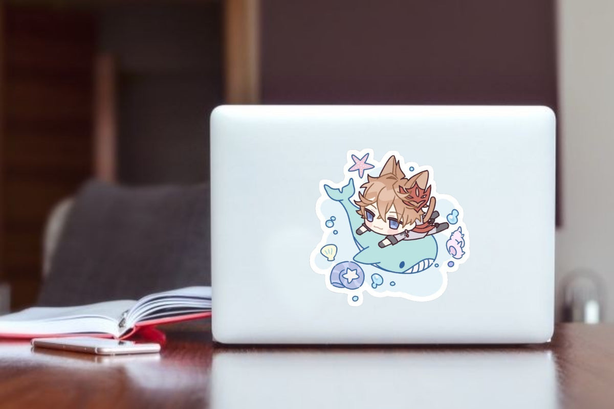 "Genshin Impact Childe Tartaglia Anime Sticker, Waterproof Vinyl Whale Decal for Laptop, Water Bottle, Hydro Flask, Skateboard, Luggage, Kawaii Gaming Merchandise Gifts