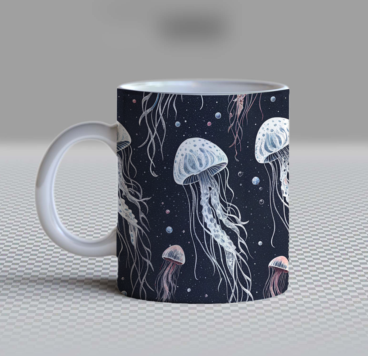 Elegant Watercolor Jellyfish Ceramic Coffee Mug – 11oz Aesthetic Navy Blue Tea Cup, Traditional Deep Sea Ocean Creature & Stars Pattern Mug for Coffee Lovers, Unique Artistic Gift for Men, Women & Art Enthusiasts