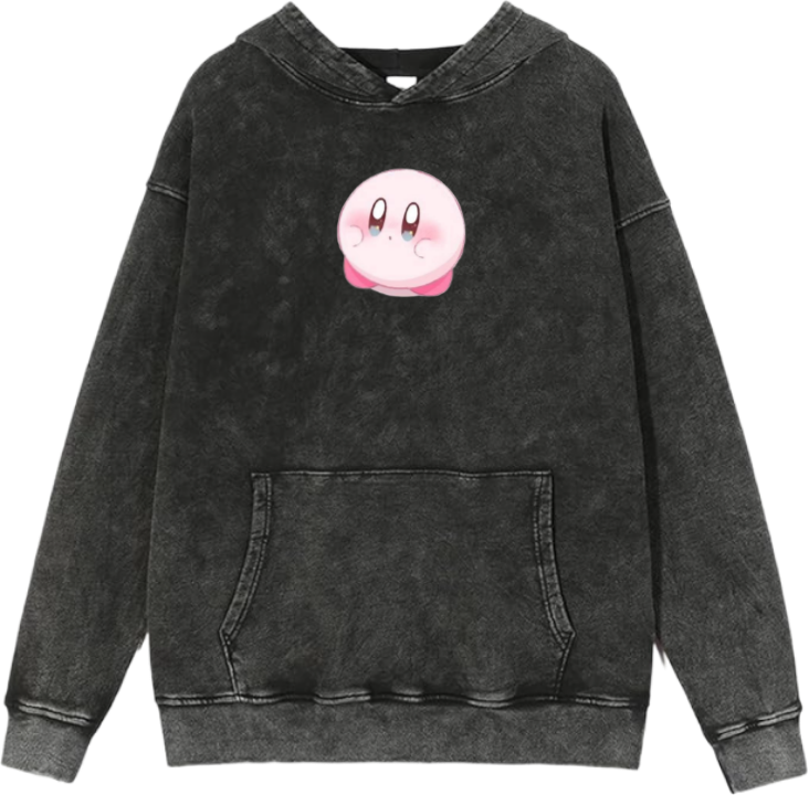 Cute Pink Anime Kirby Character Graphic Vintage Washed Hoodie for Women and Men, Kawaii Cartoon Dark Grey Pullover Sweatshirt 13