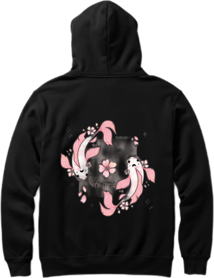 Koi and Sakura Flowers One Size hoodie Black Back 13