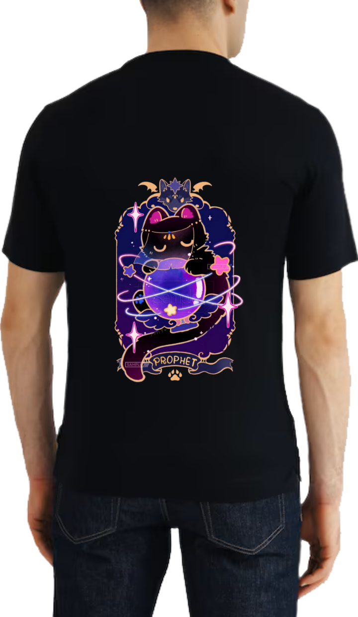 magical cat atop a crystal ball t- shirt One Size Black back 13