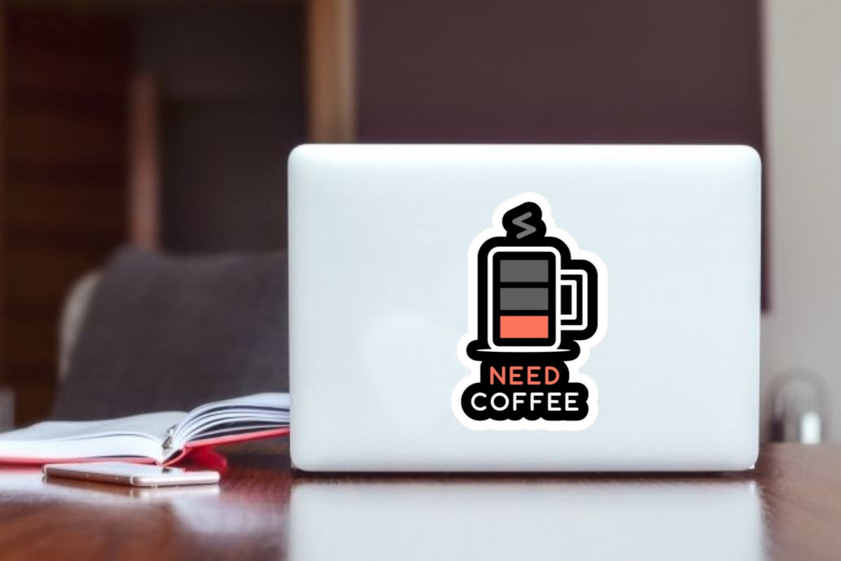 Need Coffee" Battery Level Sticker, Funny Coffee Lover Waterproof Vinyl Decal for Laptop, Water Bottle, Hydro Flask, and Journal