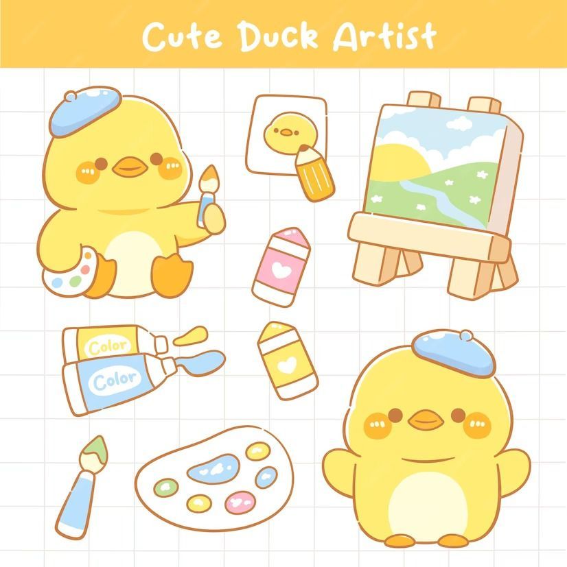 Cute Duck Artist Stickers Pack - Kawaii Little Yellow Duck, Paintbrush, Palette, and Art Supplies Vinyl Decals for Water Bottles, Laptops, Journals, and Scrapbook