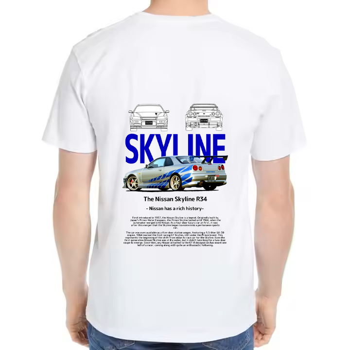 Nissan Skyline R34 Car t- shirt One Size White Back 13