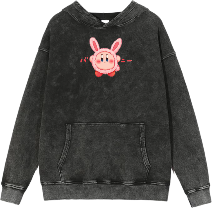 Cute Pink Anime Kirby Character Graphic Vintage Washed Hoodie for Women and Men, Kawaii Cartoon Dark Grey Pullover Sweatshirt 14
