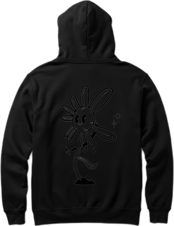 A cartoon flower on the One Size hoodie Black Back 14