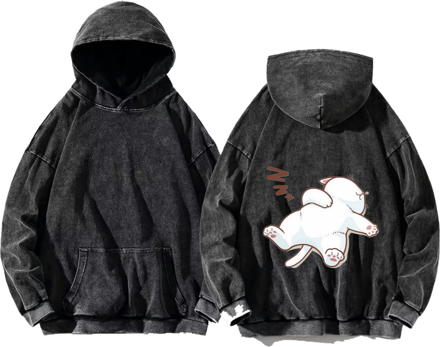 sleeping cartoon cat One Size hoodie Washed Back 15