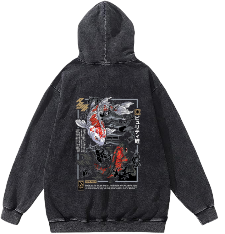 Japanese Koi Fish Over Size hoodie Washed Back 35