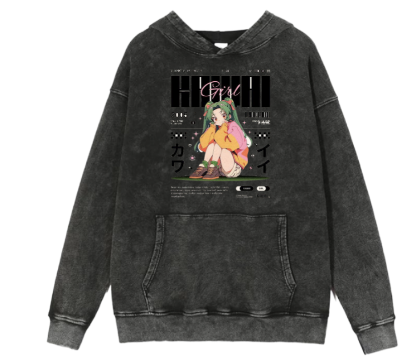 RANDOM ANIME GIRL Oversize Hoodie Washed gray 17