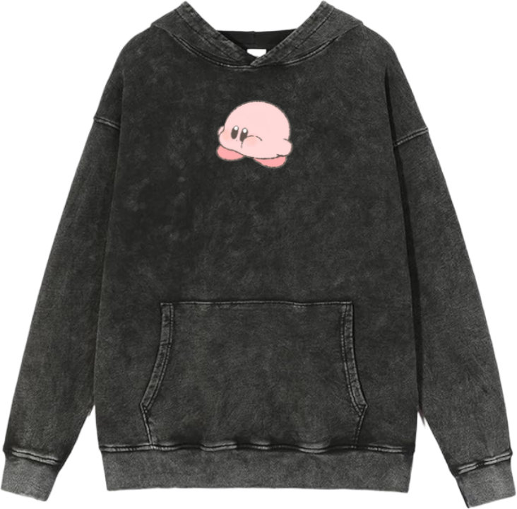Cute Pink Anime Kirby Character Graphic Vintage Washed Hoodie for Women and Men, Kawaii Cartoon Dark Grey Pullover Sweatshirt 17