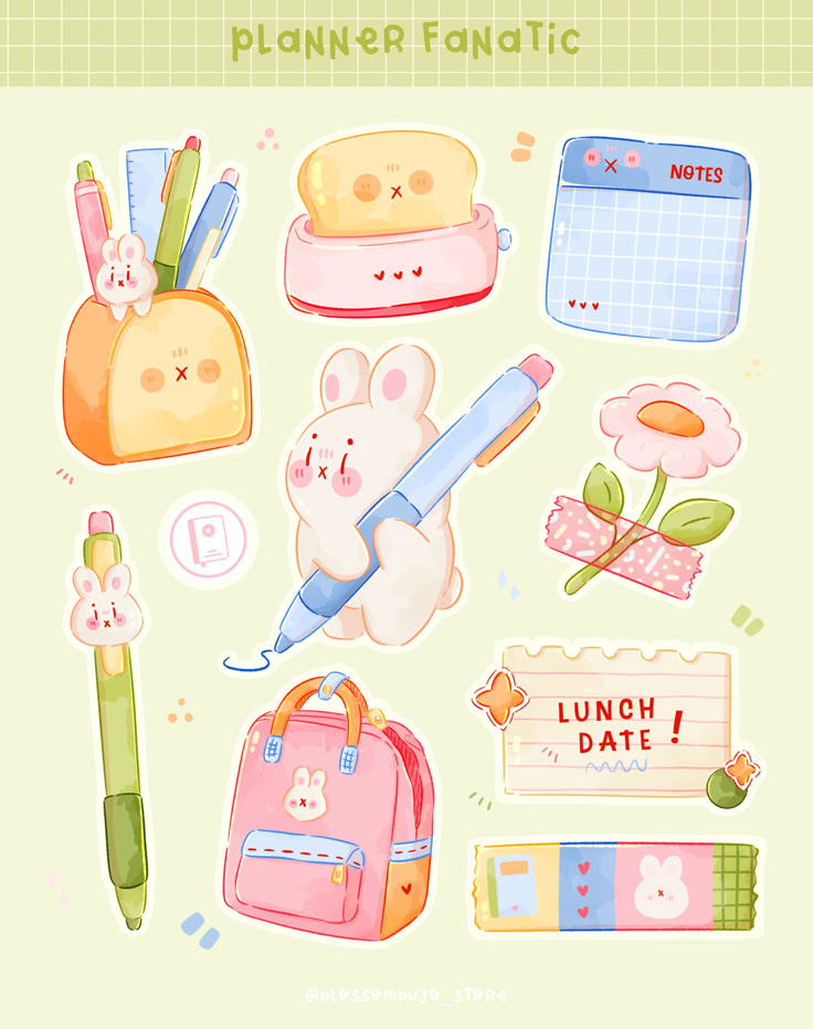 Kawaii Cute Stationery Stickers Pack, Aesthetic Planner Stickers for Journaling, Scrapbooking, Water Bottles, Laptop, Cute Bunny and School Supplies Decals for Kids, Teens, and Adults