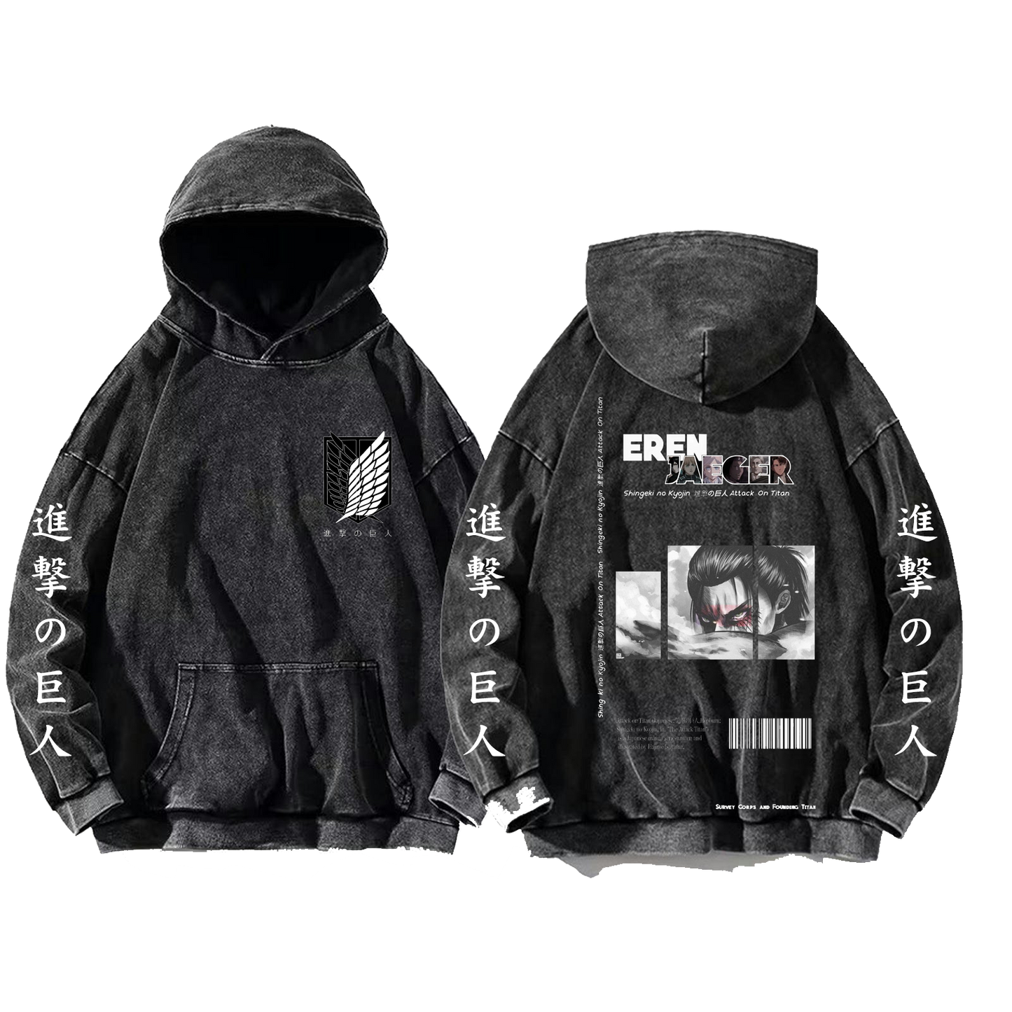 Anime Attack on titan shingeki no kyojin eren levi mikasa Aot Oversize Wash Hoodie gray 18