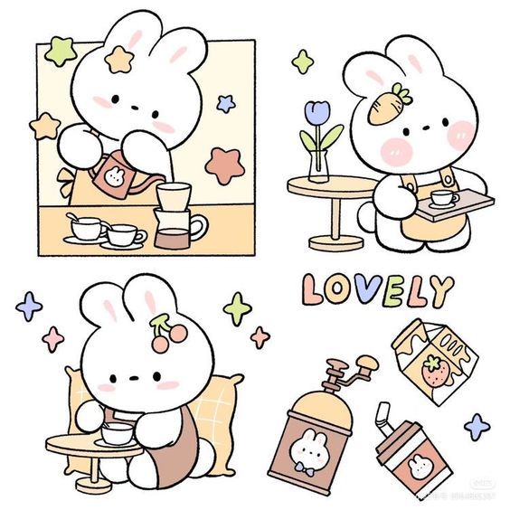 Kawaii Cute Bunny Stickers Pack, Aesthetic Coffee and Cafe Theme Stickers for Journaling, Scrapbooking, Water Bottles, Laptop, and Planner Decals