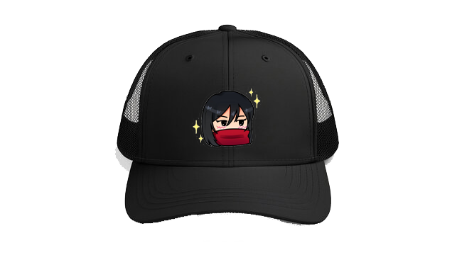 Baseball cap Black A girl with short black hair and a red scarf covering her mouth 242