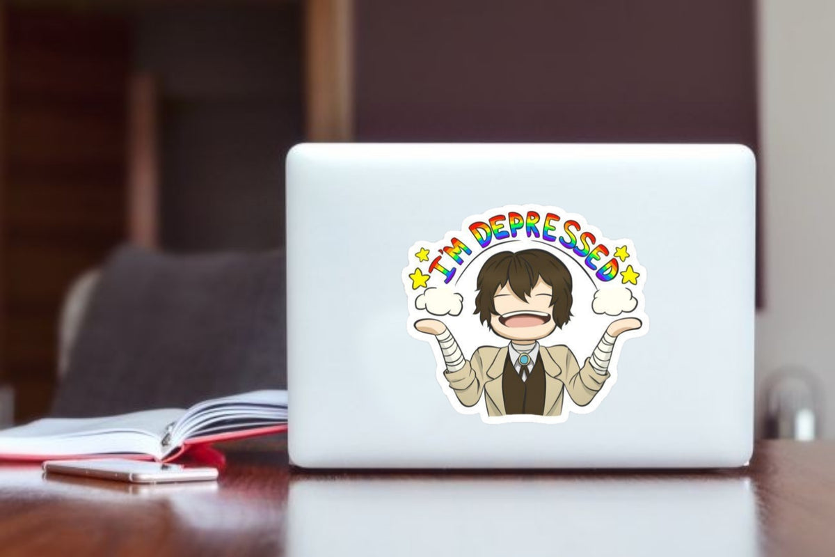 Bungo Stray Dogs Dazai Anime Sticker, "I'm Depressed" Funny Chibi Waterproof Vinyl Decal for Laptop, Water Bottle, Hydro Flask, and Journal