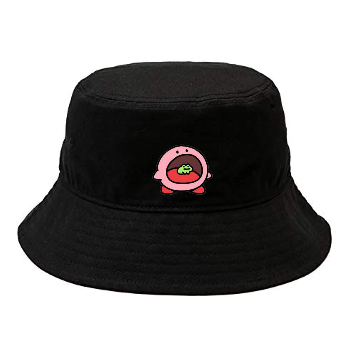 Cute Anime Kirby Bucket Hat, Kawaii Pink Character Black Sun Fisherman Cap, Y2K Streetwear Summer Beach Hat for Women and Men 19