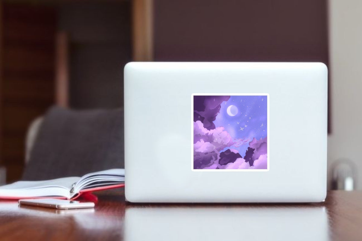 Purple Night Sky Aesthetic Sticker, Cute Glowing Moon, Stars, and Dreamy Clouds Art Decal for Laptop, Water Bottles, Journaling, Scrapbooking, and Planners