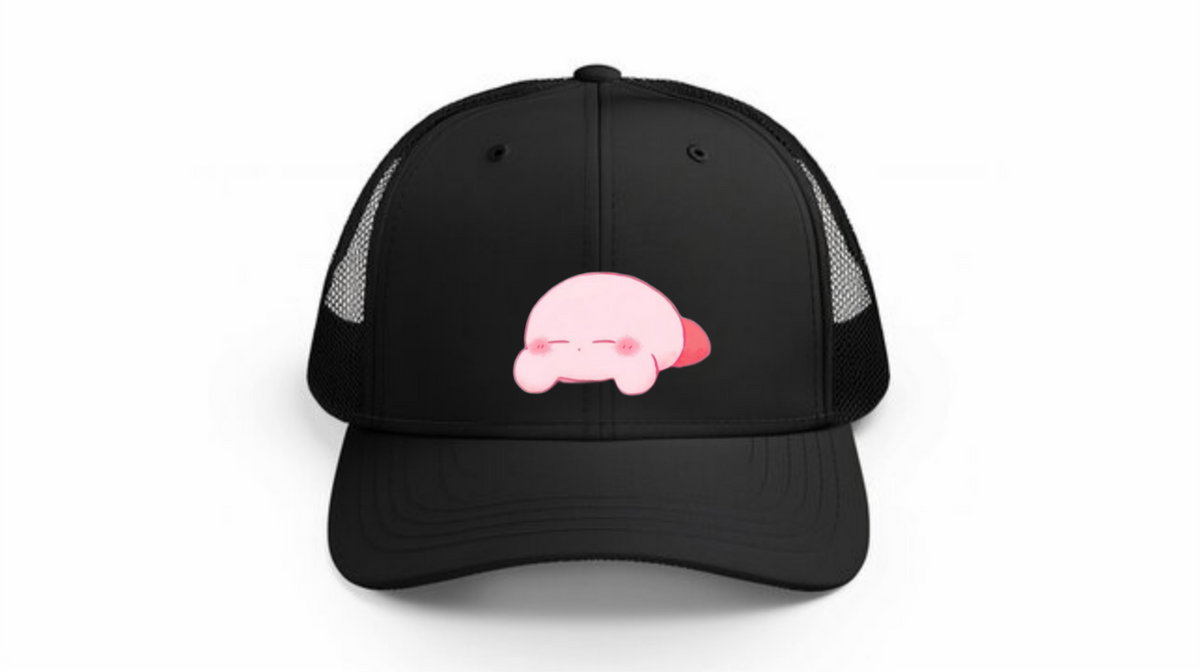 Kawaii Kirby Crown Pink Character Mesh Trucker Hat, Cute Anime Princess/King Black Baseball Cap, Adjustable Snapback for Women and Teens