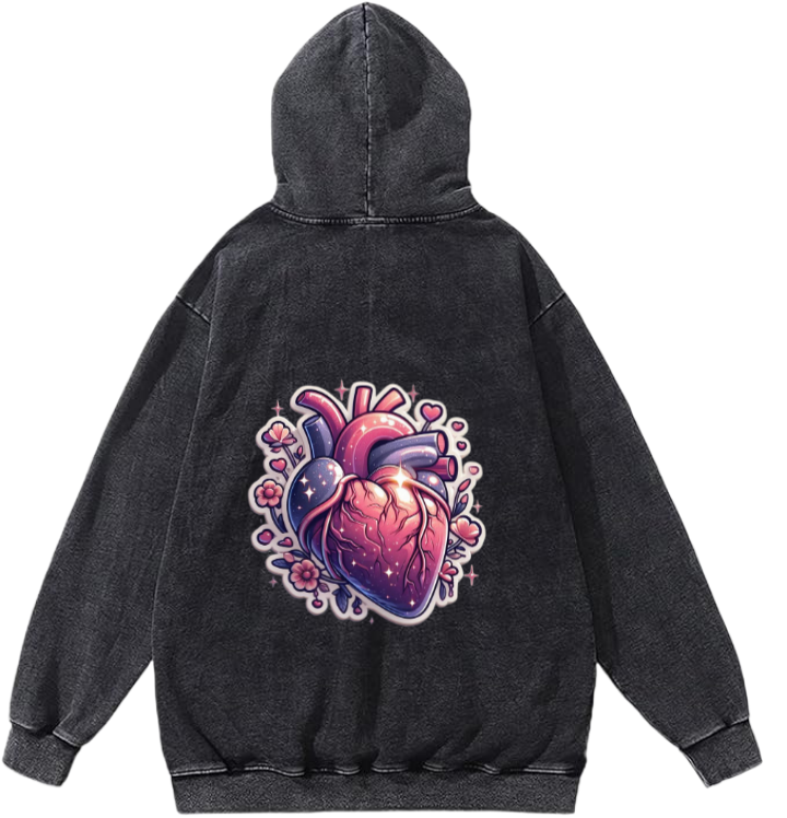 human heart surrounded by flowers One Size hoodie Washed Back 1