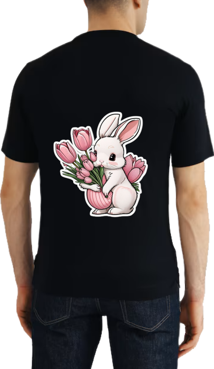 cute rabbit holding a bouquet of tulips. t- shirt One Size Black back 1