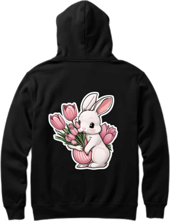A cute white rabbit holding a bouquet of pink flowers One Size hoodie Black Back 1
