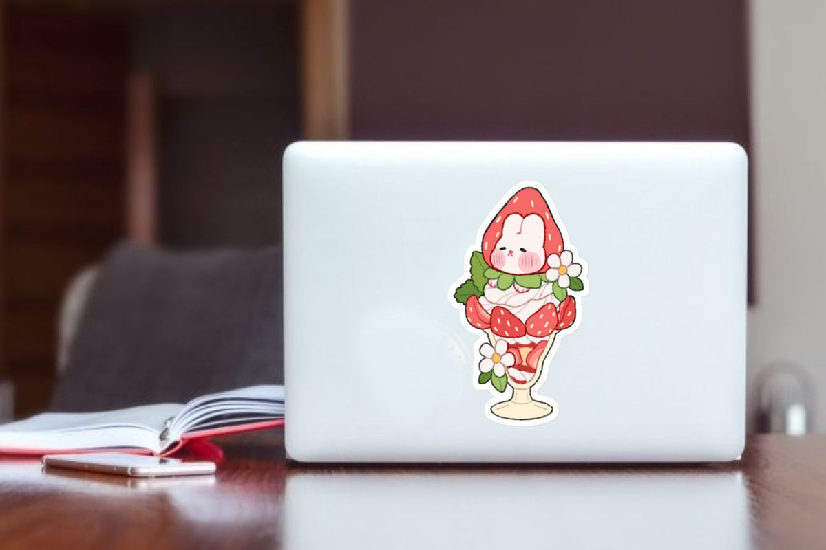 Cute Strawberry Parfait Bunny Sticker, Kawaii Rabbit Dessert Waterproof Vinyl Decal for Laptop, Water Bottle, Hydro Flask, and Journal