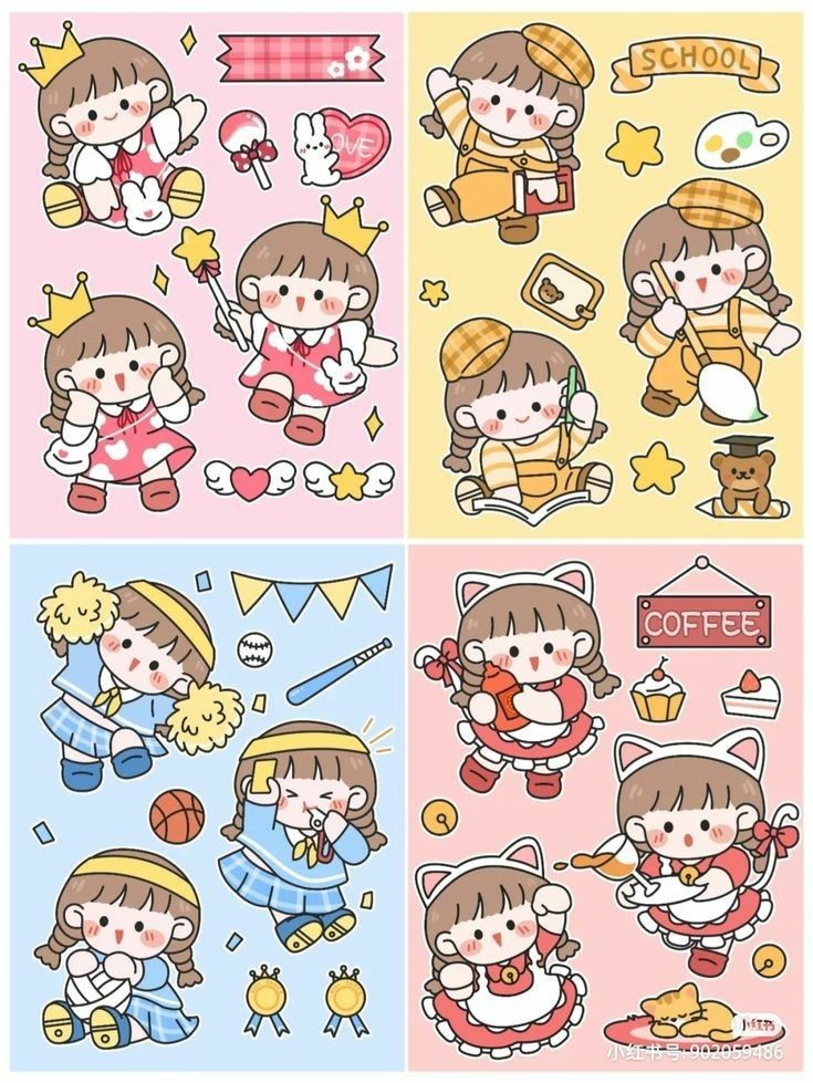 Kawaii Cute Chibi Girl Stickers Pack, Aesthetic School and Princess Theme Stickers for Journaling, Scrapbooking, Water Bottles, Laptop, and Planner Decals