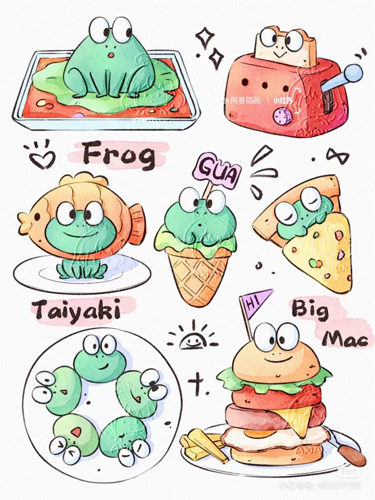 Kawaii Cute Frog Stickers Pack, Aesthetic Burger and Taiyaki Food Theme Stickers for Journaling, Scrapbooking, Water Bottles, Laptop, and Planner Decals