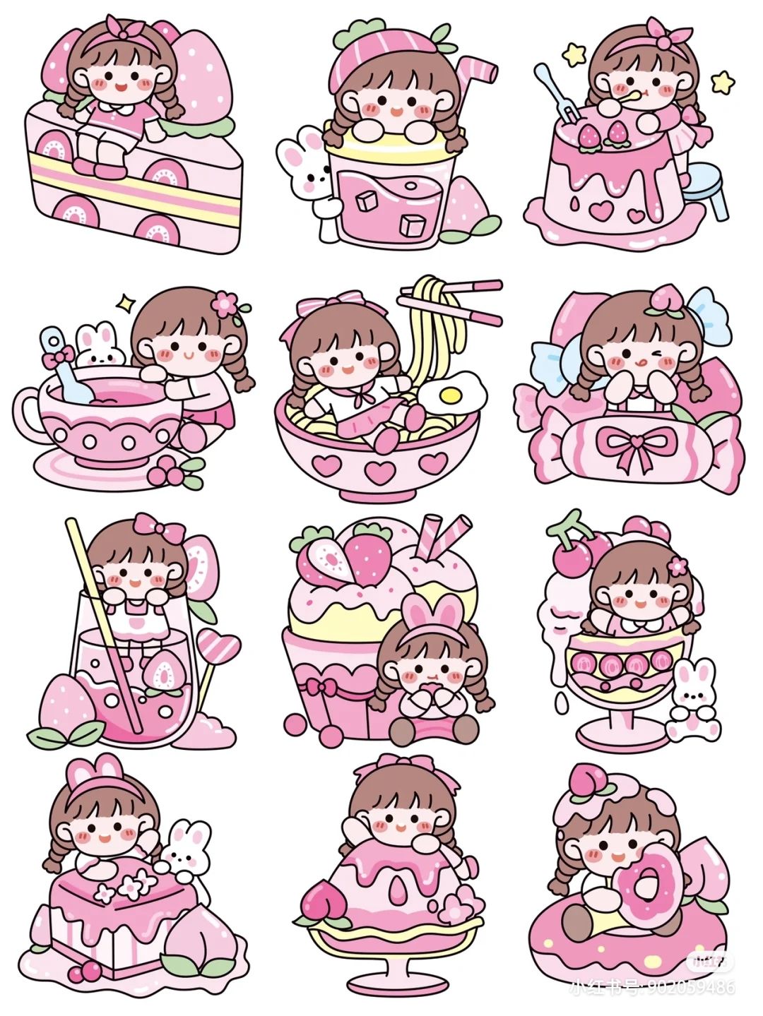 Kawaii Pink Chibi Girl and Desserts Stickers Pack, Cute Aesthetic Strawberry and Sweet Treats Decals for Journaling, Scrapbooking, Water Bottles, Laptop, and Planner