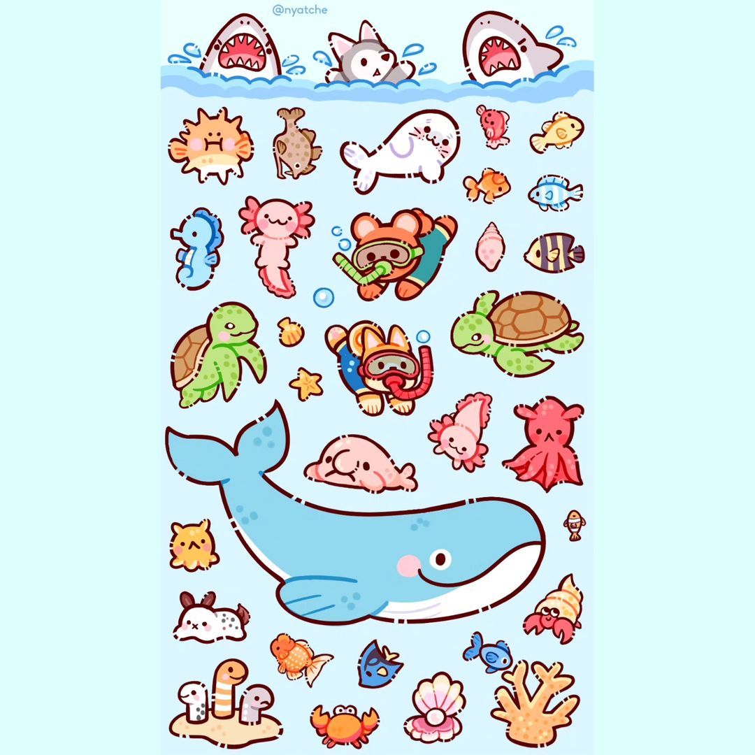 Cute Kawaii Sea Animals Stickers Pack, Aesthetic Pastel Whale, Turtles, Fish, and Waterproof Vinyl Decals for Water Bottles, Laptops, Phone, Journal, and Scrapbooking