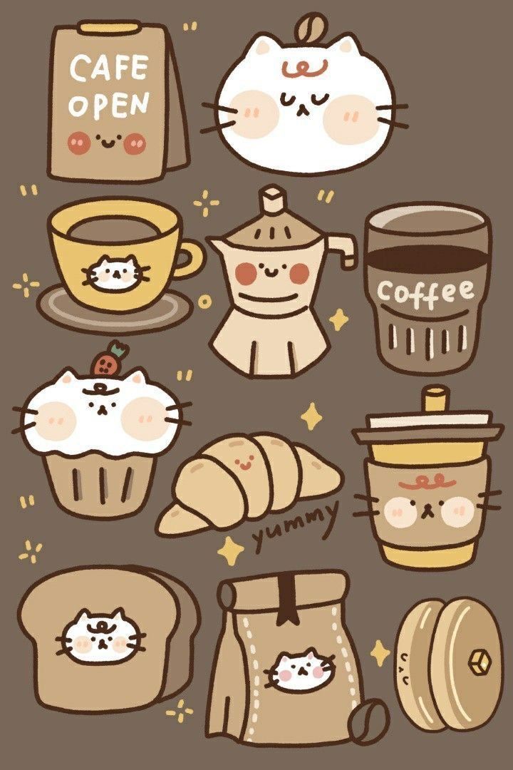Kawaii Cafe Coffee Stickers Pack, Cute Brown Aesthetic Bakery and Cat Theme Stickers for Journaling, Scrapbooking, Water Bottles, Laptop, and Planner Decals