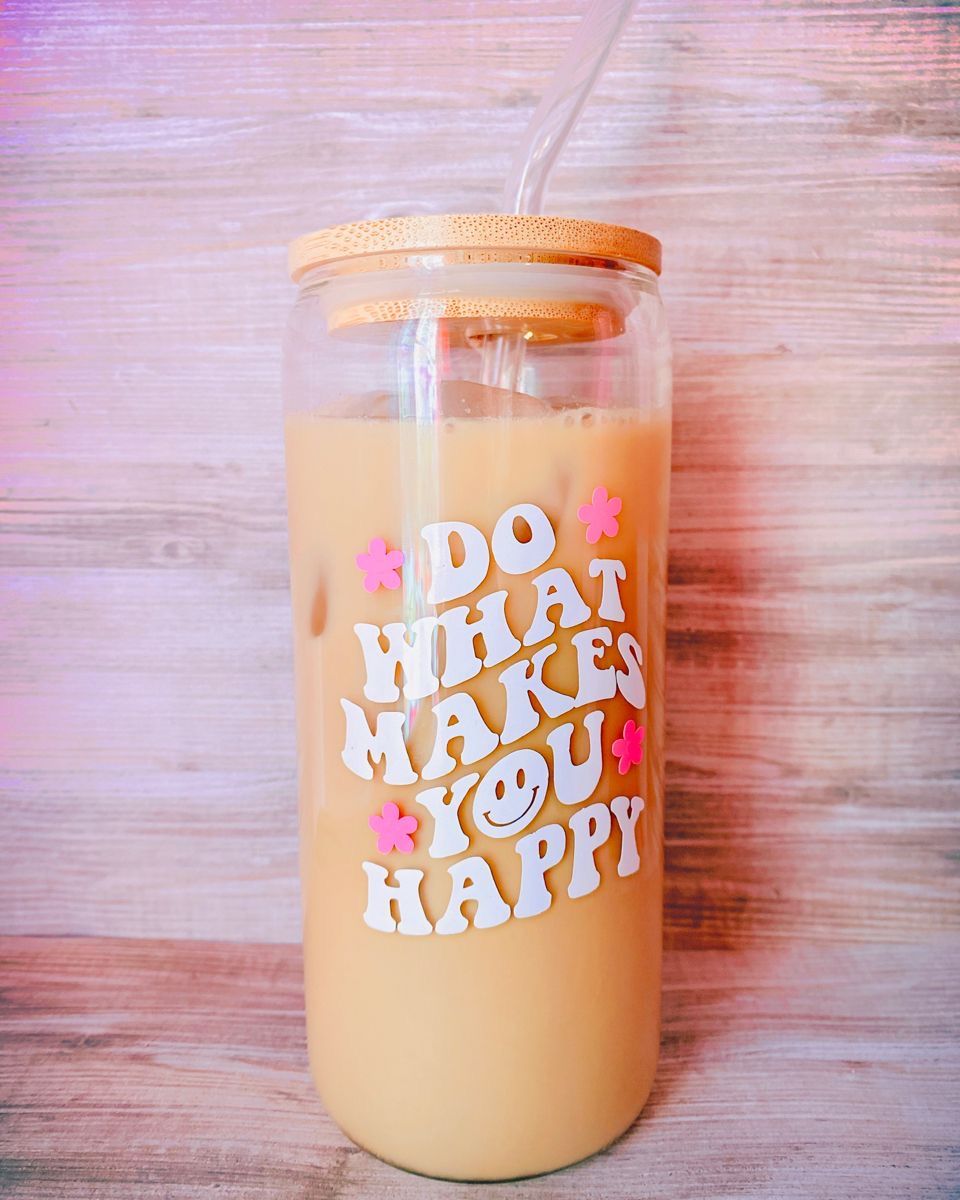 Mug with Wooden Lid and Clear Glass Straw: Practical for Juices and Ice Coffee DO WHAT MAKES YOU HAPPY