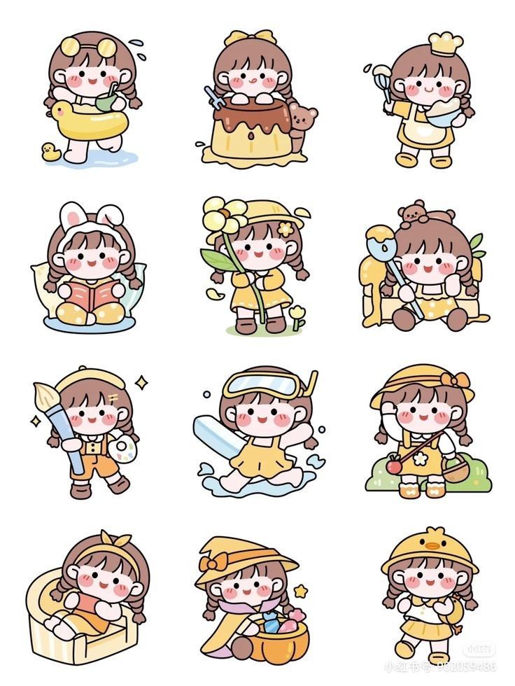 Kawaii Yellow Chibi Girl Stickers Pack, Cute Aesthetic School and Hobby Theme Stickers for Journaling, Scrapbooking, Water Bottles, Laptop, and Planner Decals