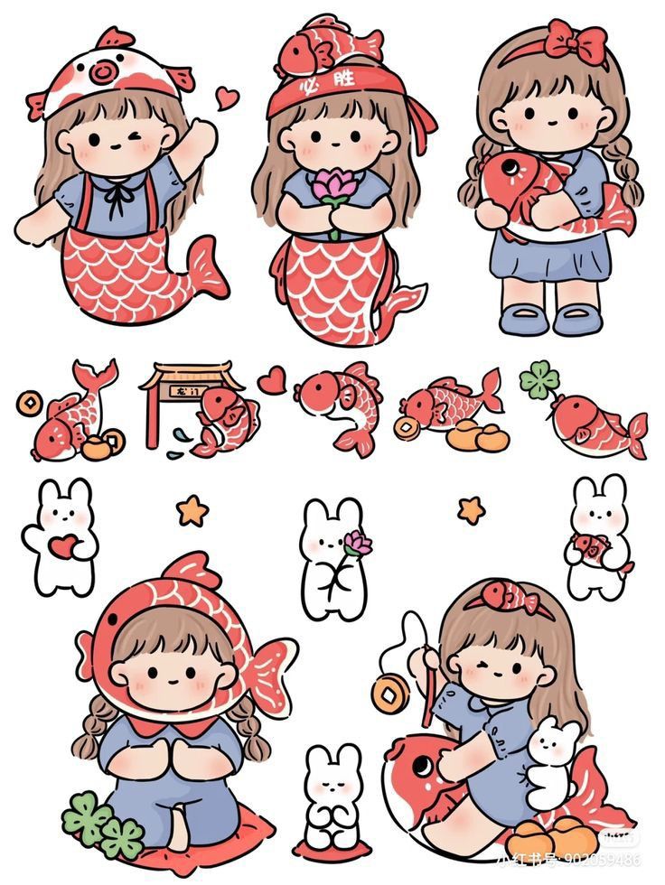 Kawaii Red Fish Chibi Girl Stickers Pack, Cute Aesthetic Koi Fish and Bunny Theme Stickers for Journaling, Scrapbooking, Water Bottles, Laptop, and Planner Decals