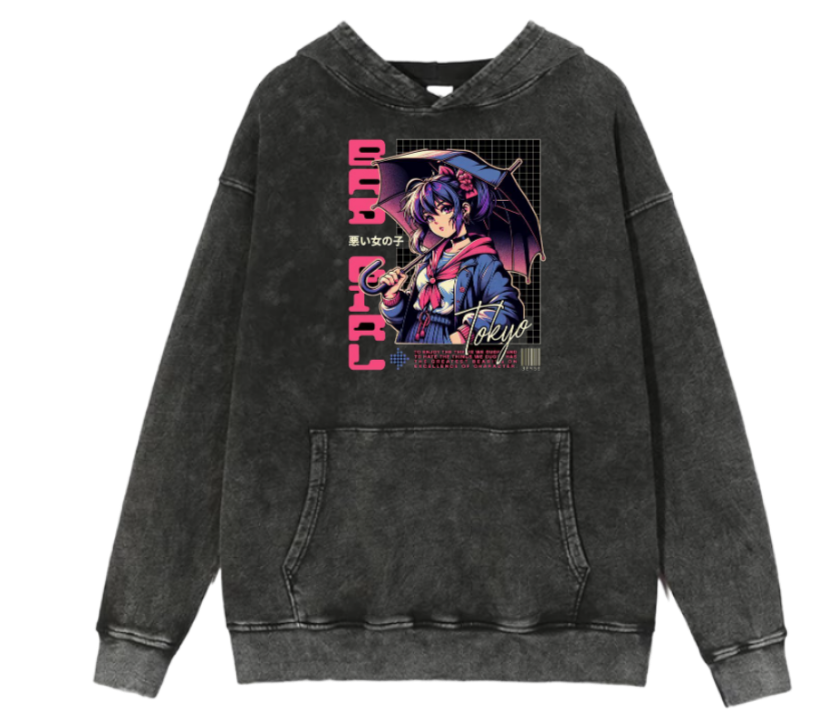 RANDOM ANIME GIRL Oversize Hoodie Washed gray 23