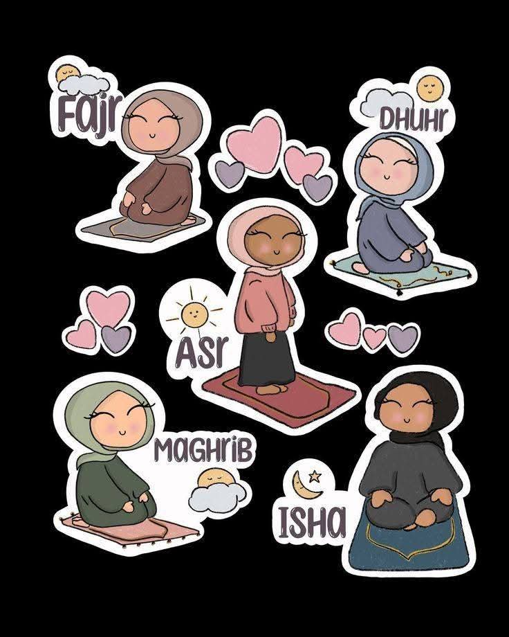 Islamic Prayer Times Stickers Pack, Cute Kawaii Hijabi Muslim Girl Daily Prayers (Fajr, Dhuhr, Asr, Maghrib, Isha) Waterproof Vinyl Decals for Journaling, Scrapbooking, and Planners