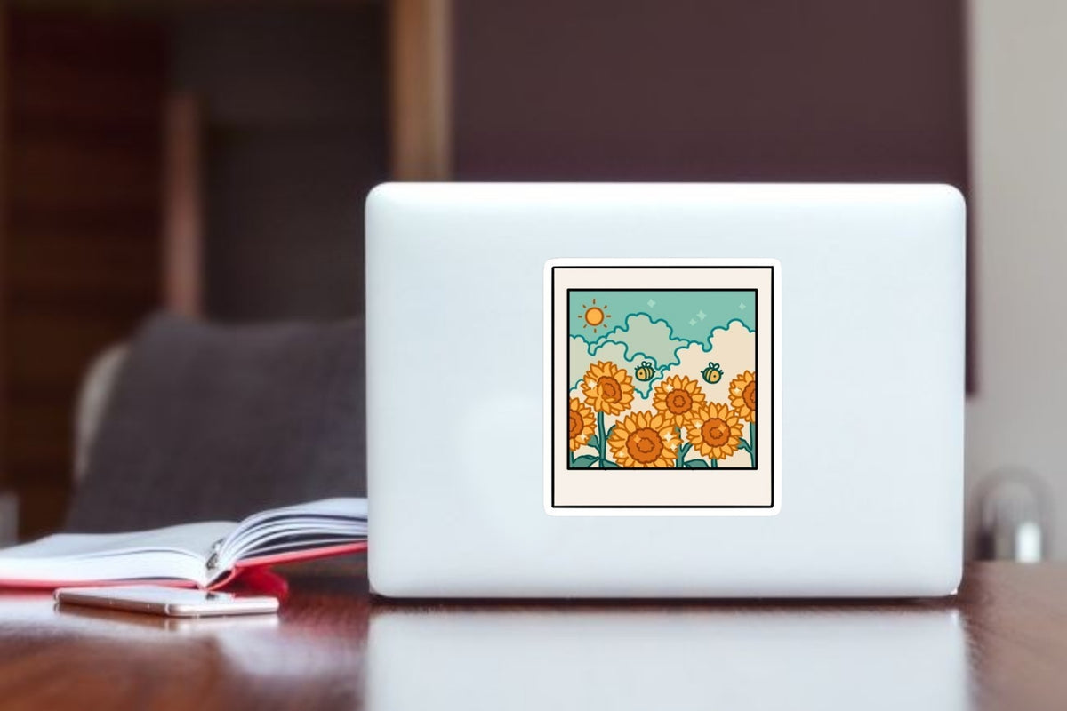 Sunflower Polaroid Aesthetic Sticker, Cute Sunny Day Floral Art Decal with Bees for Laptop, Water Bottles, Journaling, Scrapbooking, and Planners