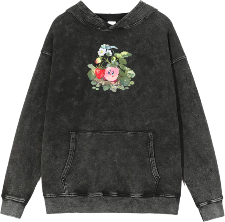 Cute Pink Anime Kirby Character Graphic Vintage Washed Hoodie for Women and Men, Kawaii Cartoon Dark Grey Pullover Sweatshirt 24
